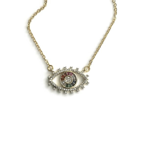 Evil Eye Multi Colour Cubic Zirconia Sparkly Necklace - Picture 2 of 4